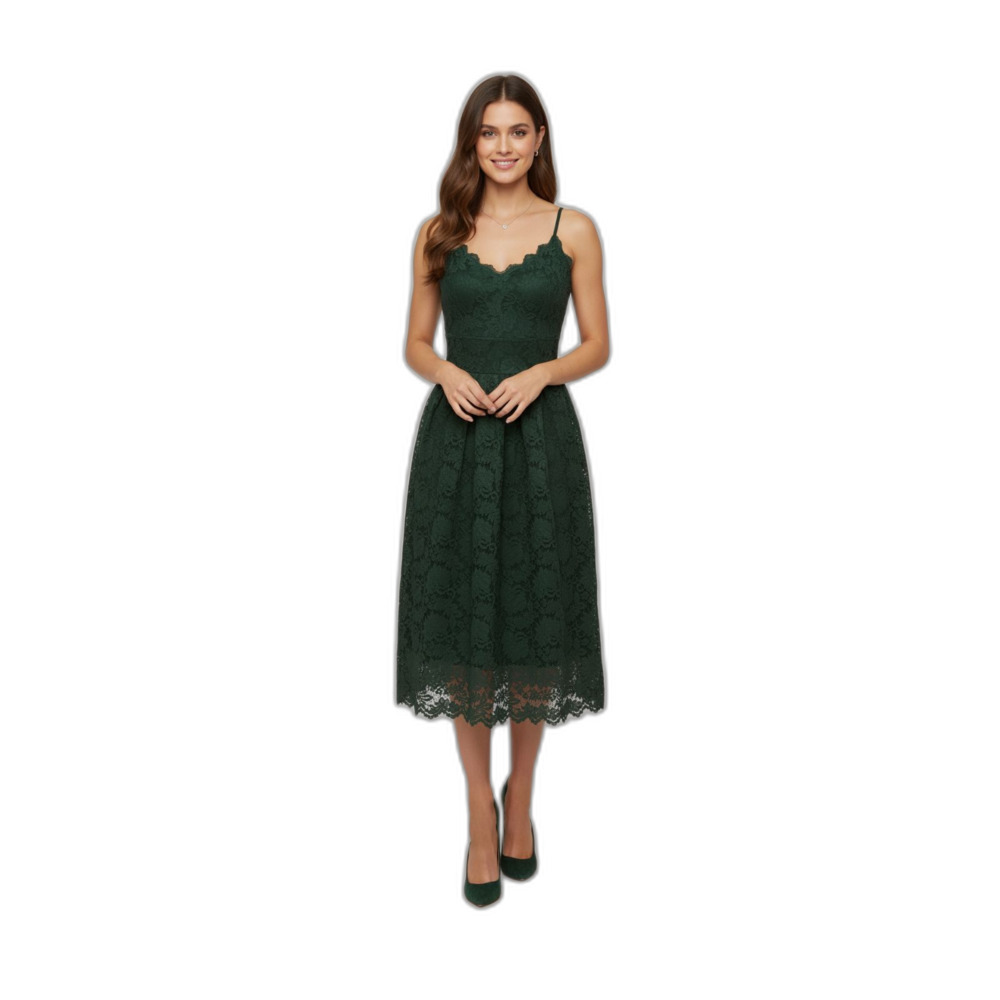 Elegant Lace Green Dress V-Neck Sleeveless Size S